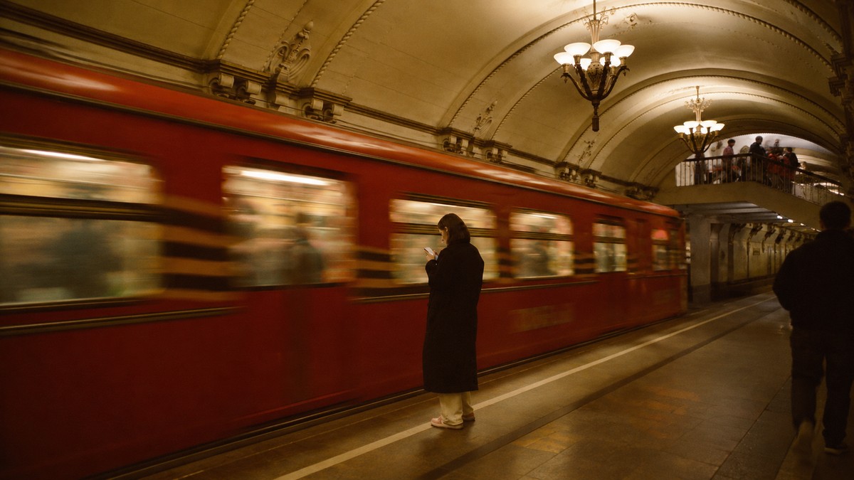 Woman standing still while a train moves quickly past, representing the pressure to keep pace with others